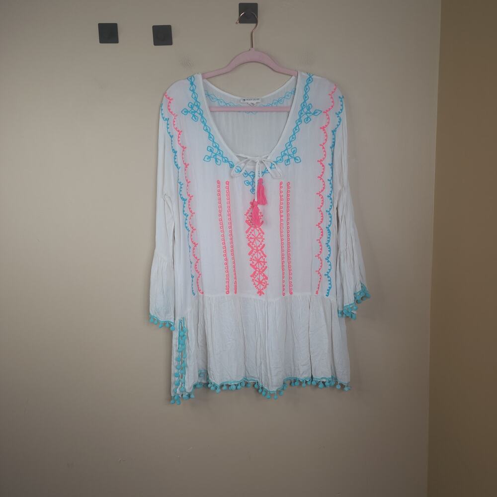 Body Glove Long Sleeve White Embroidered BOHO Peasant Gauze Blouse Size S